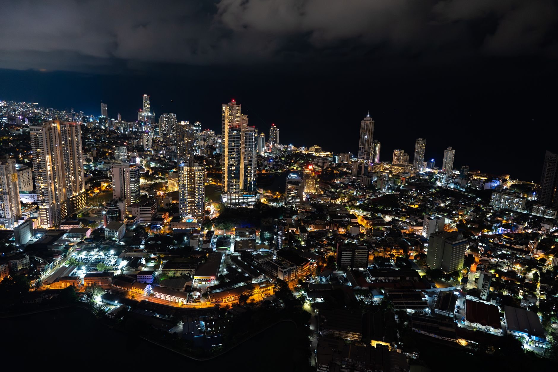 Aerial view of city lights at night