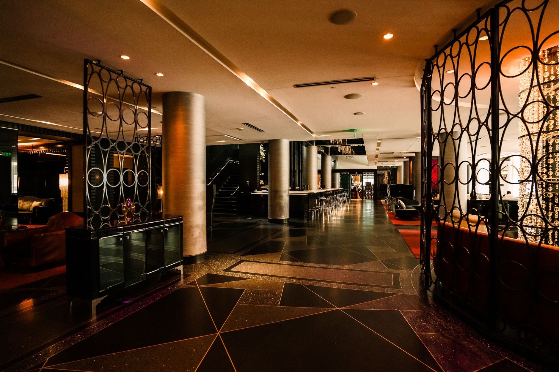 Elegant modern hotel lobby with artistic design elements